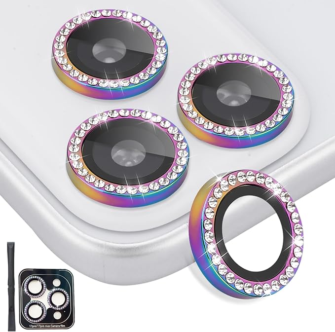Camera Lens Protector for iPhone 17 Pro/17 Pro Max, Aluminum Alloy Tempered Glass Lens Protector with Installation Frame Fits for iPhone 17 Pro/17 Pro Max (Diamond Colorful)