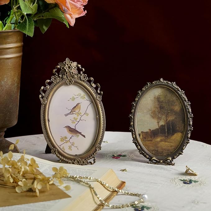 NIKKY HOME Vintage Photo Frame 4x5, Antique Oval Picture Frames, Bronze Gold Decorative Photo Frame with Stand and Glass Front for Tabletop Photos Display Gift Ideas