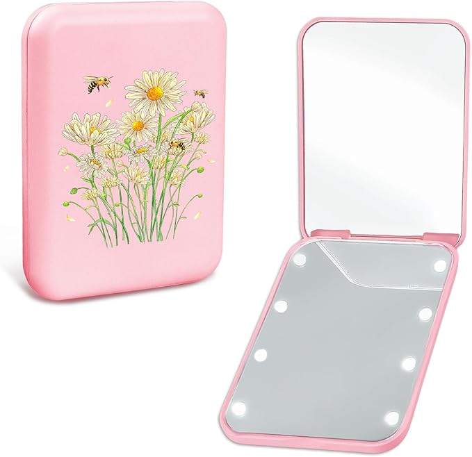 Cute Daisy Travel Compact Mirror with Light for Purses 1X/2X Magnification Small Led Portable Pocket Makeup Mirror, Trendy Stuff Christmas Birthday Gifts Stocking Stuffers for Teen Girls Women