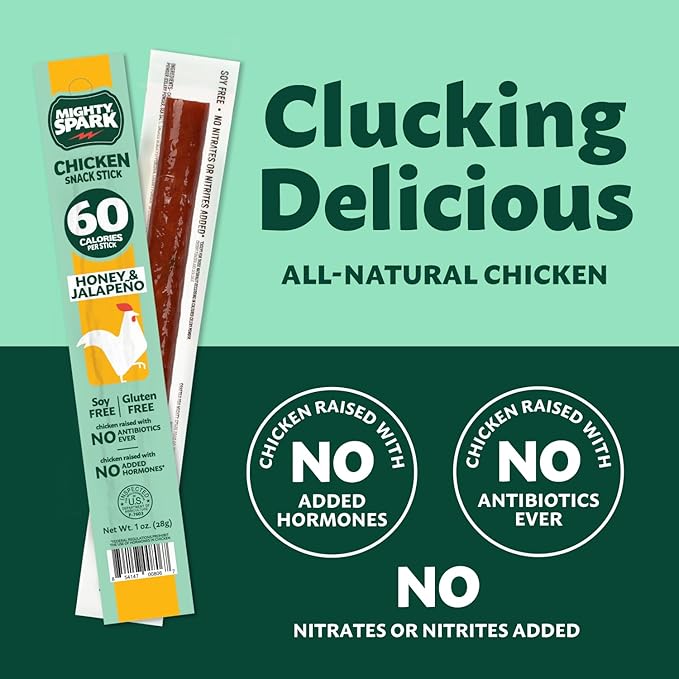 Mighty Spark Chicken Snack Sticks - Honey and Jalapeno - 6g of Protein, No Antibiotics Ever, No Hormones Added, Gluten Free, Soy Free Meat Sticks - High Protein Keto Snacks, Weight Watchers Approved Snacks - 12 Count