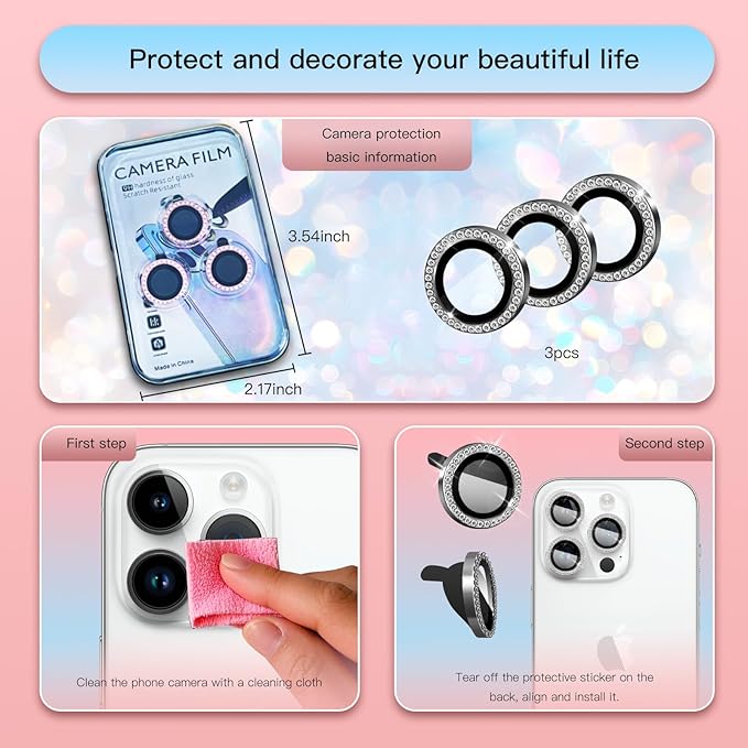 Camera Lens Protector Bling Compatible for iPhone 16 Pro/iPhone 16 Pro Max,9H Tempered Glass Camera Cover Screen Protector,HD Clear,Aluminum Alloy Ring Decoration (Diamond Black)