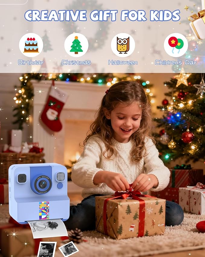 Kids Camera Instant Print, Digital Camera for Kids, 180° Rotating Selfie Lens with 32GB SD Card & 2 Rolls Printing Paper Kids Toy Birthday Gifts for Boys Girls Ages 3-12, Blue