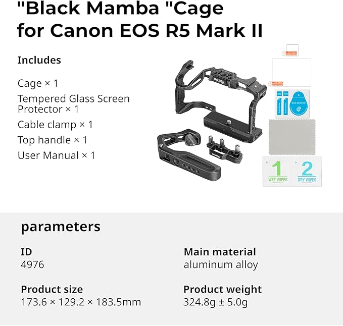SmallRig Black Mamba Camera Cage Kit for Canon EOS R5 Mark II with Top Handle and Dedicated Cable Clamp, Aluminum Alloy Camera Rig with HawkLock Cold Shoe, 1/4''-20 & 3/8''-16 Threaded Holes - 4976