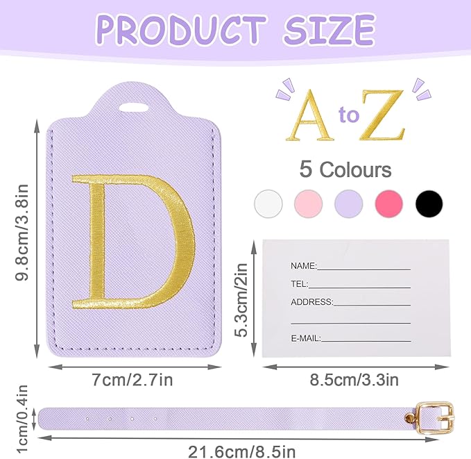 Initial Letter Luggage Tags for Suitcases, Embroidered Monogrammed Suitcase Luggage Identifier Name Tag, PU Leather TSA Approved Luggage Tags, Bag Tags for Men Women Kids Luggage Handbags(Purple D)