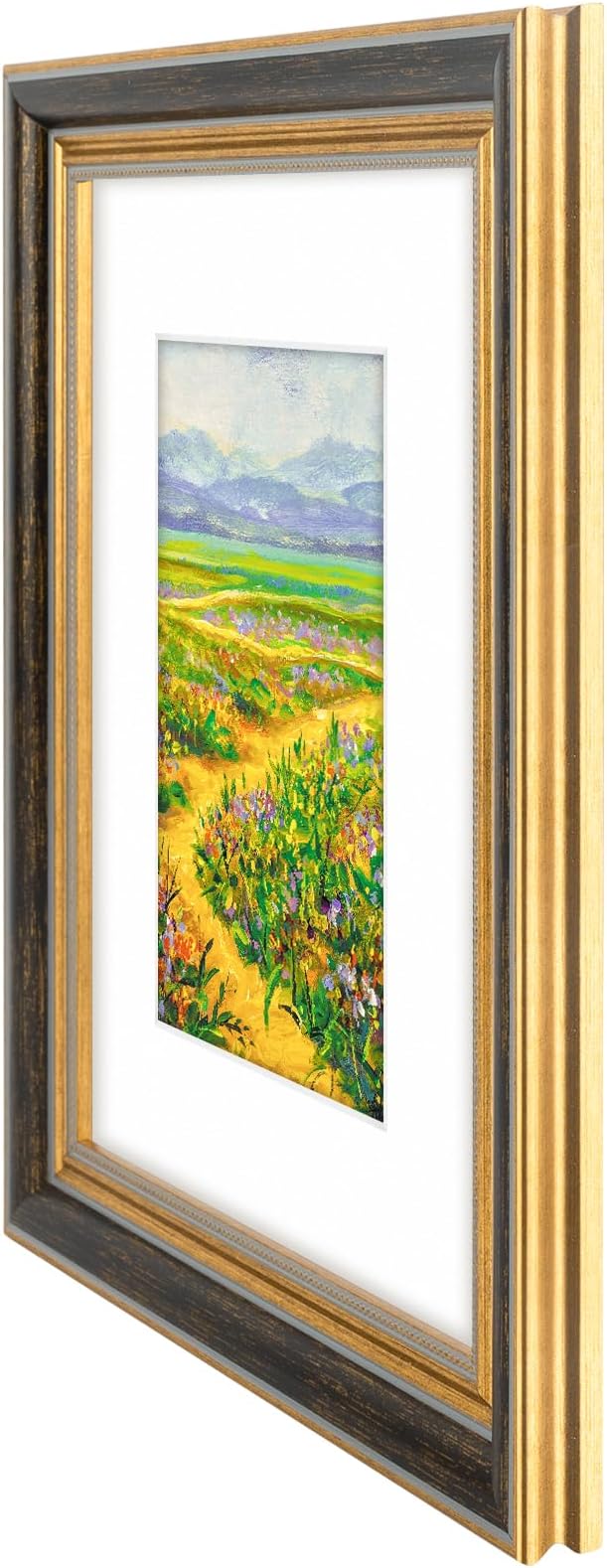 Golden State Art,8x10 Ornate Picture Frame for 5x7 Photo with Mat or 8 x 10 Prints without Mat, Real Glass Wall & Tabletop Display Horizontally or Vertically (Color:Black Gold)