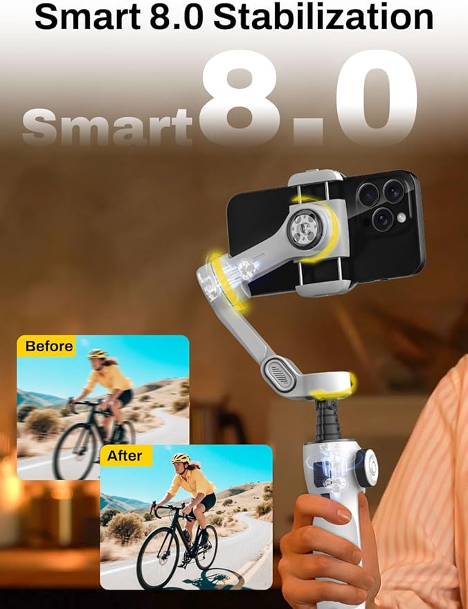 AOCHUAN Gimbal Stabilizer for iPhone & Android, 3-Axis Phone Gimbal with 7.8" Extendable Rod, Magnetic RGB LED Light, 7 Color Temperature, EVA Protective Storage Bag w/Hand Strap, V8 WH& AL20& B30