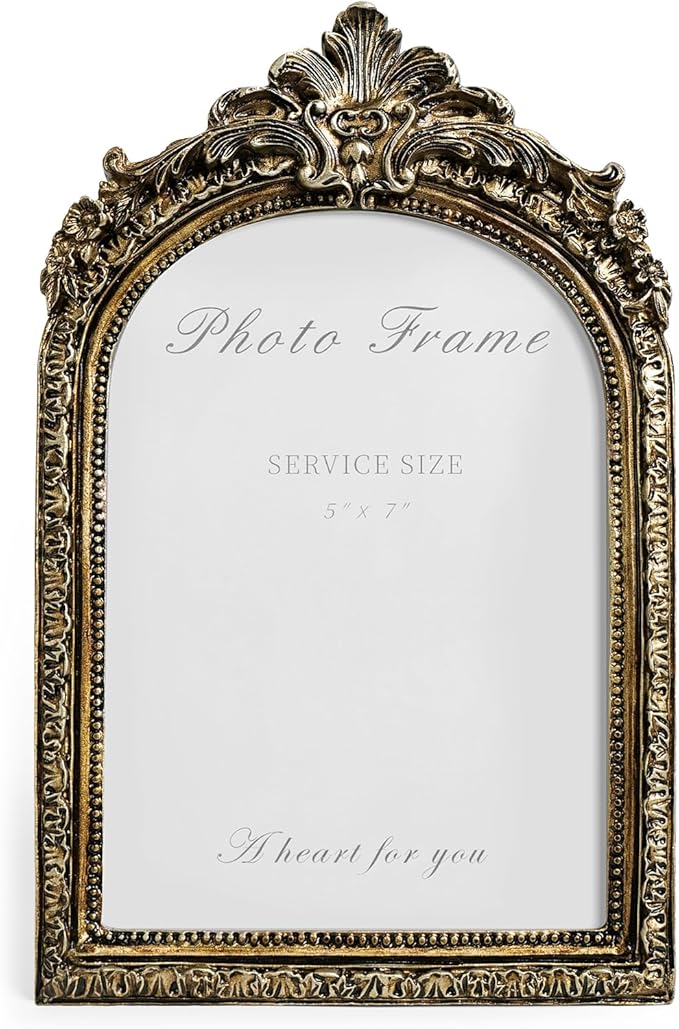 Cuspin 5x7 Picture Frame Vintage Gold Frames, Bronze 5 by 7 Arched Frame Hand-Crafted Resin with Glass Front, Ornate Retro Antique Photo Frames for Wall Hanging and Tabletop Display Home Decor