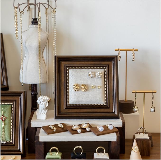 Jewelry Display Stand Set Photo Frame Accessories Vintage Stall Counter Photography Props Earrings Ring Holder(White)