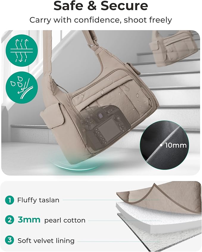 BAGSMART 2 in 1 Puffy Camera Sling Bag for Photographer, Everyday Shoulder Crossbody Bag with Pockets Digital Camera Case for DSLR/Mirrorless, Coffee Brown