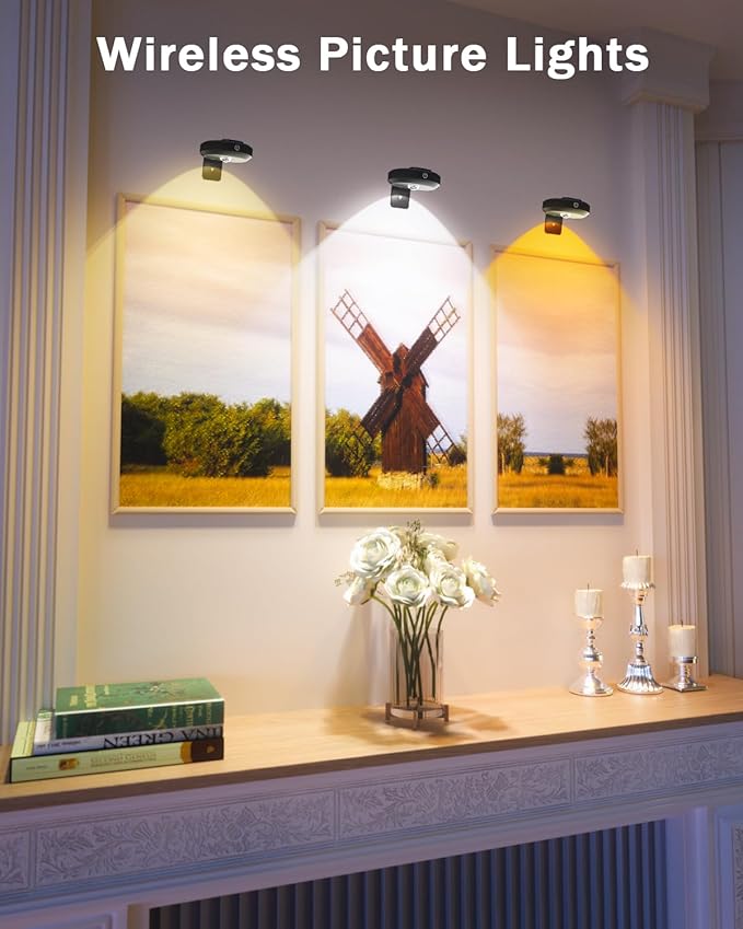 WILLED Picture Lights for Wall, 1200mAh Rechargeable Battery Operated Picture Frame lights, Puck Lights with Remote, Dimmable & Timer Art Lighting for Paintings Wireless, Magnetic Gallery Light/3 Pack