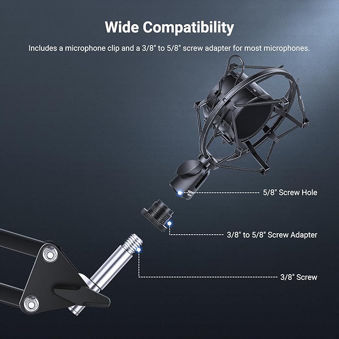NEEWER Microphone Shock Mount, Mic Holder for Stand & Boom Arm with Elastic Ropes & 3/8" to 5/8" Screw Adapter, Fits Mics of 2.4" to 2.6" (60 to 65mm) Diameter, MS043