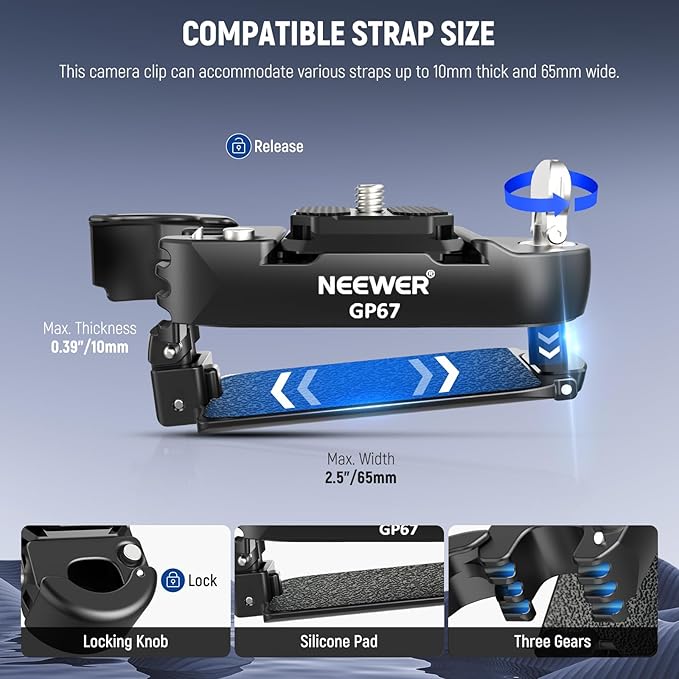 NEEWER Backpack Camera Clip Mount with Square QR Plate, Upgraded Safety Latch, Quick Release Camera Belt Clip Backpack Strap Compatible with PD QR System Canon Nikon Sony DSLRs, GP67