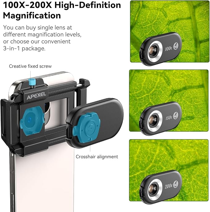 APEXEL Phone Microscope Lens, PhoneMicro 5 Series 100X Phone Micro Lens for Android/iPhone With LED Light/CPL/Universal Clip, Mini Pocket Microscope, Smartphone Camera Attachment for iPhone & Android.