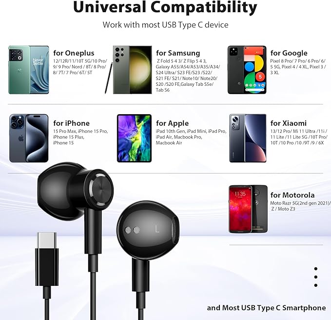 USB C Headphones with Microphone for iPhone 17 Pro Max 17e 16e 16 15 Plus,Type-C Headphones for Google Pixel 10a Wired Earbuds Magnetic Sport Earphone for iPad/OnePlus 15/Samsung S26 S25 Flip 6 Fold 7