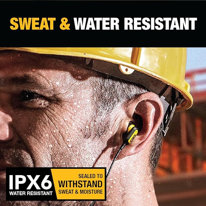 DEWALT Heavy Duty Wired Earphones with Microphone, Jobsite Earbuds Wired 3.5mm, Water-Resistant 3.5mm Earbuds with Mic, Connected Headphones for Outdoor Work