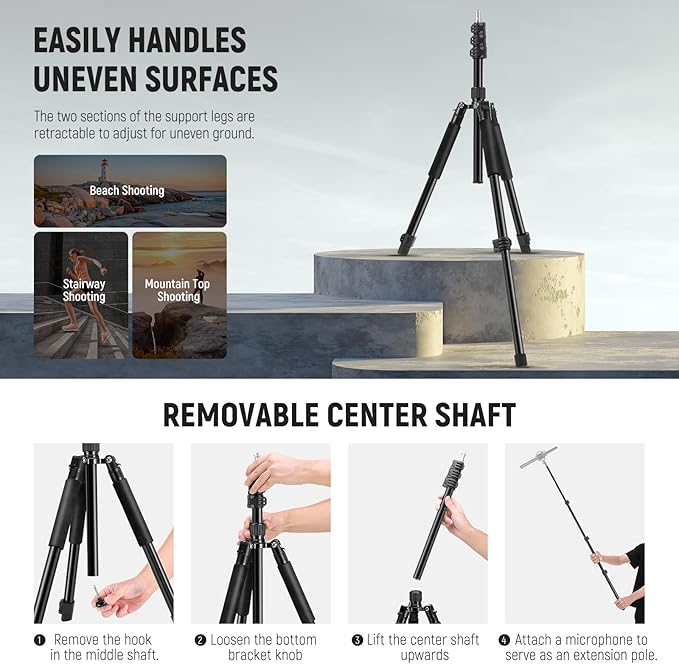 NEEWER Photography Light Stand, 1.5-6.4ft/47-195cm Aluminum Reversible Studio Lighting Tripod, Portable Phone Video Stand w/ 1/4" Screw for Strobe Light Camera Softbox, 4.4lb/2kg Load, ST195