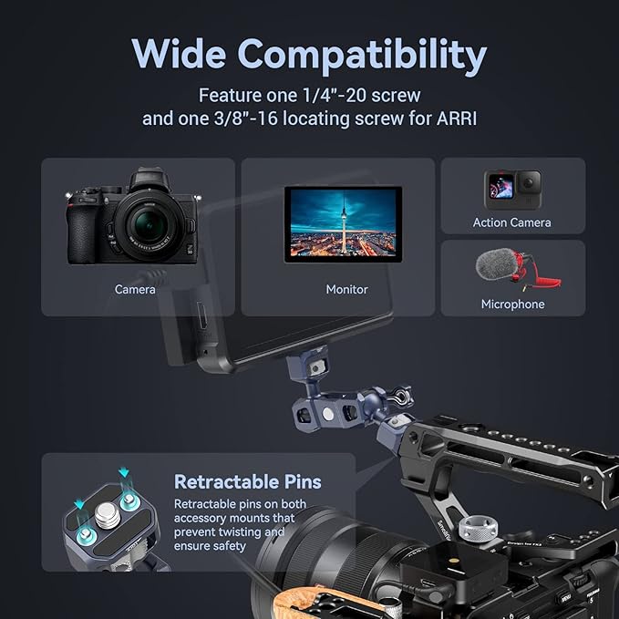 SMALLRIG Articulating Magic Arm with 3/8"-16 Locating Screw for ARRI and 1/4"-20 Screw (with Retractable Pins), 360 Degree Rotation, Max Load of 12 Ib for Monitor, Camera, and Lights 3874