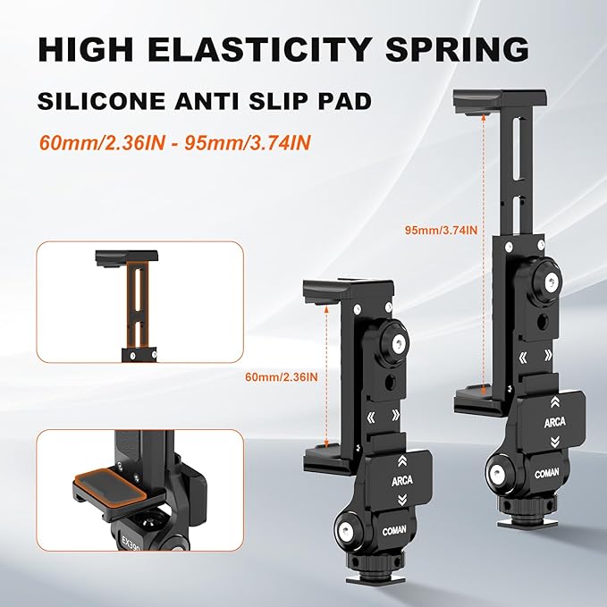 COMAN Metal Phone Tripod Mount - Holder Stand with 3 Cold Shoes & Arca Port, Universal Smartphone Mount Adapter, 360° Rotates Adjustable Cell Phone Clip Clamp Holder Fits iPhone 15 Pro Max Galaxy S24