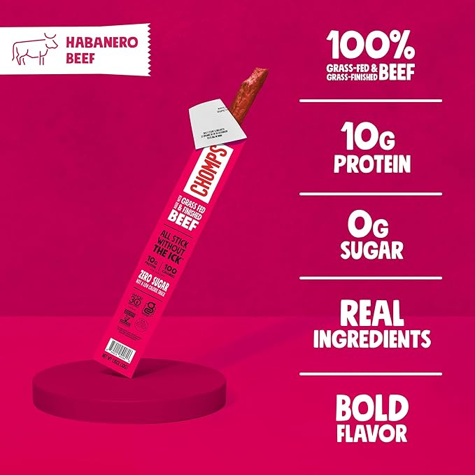 Chomps Grass-Fed and Finished Spicy Habanero Beef Jerky Snack Sticks 10-Pack - Keto, Paleo, Whole30, 10g Lean Meat Protein, Gluten-Free, Zero Sugar Food, Non-GMO