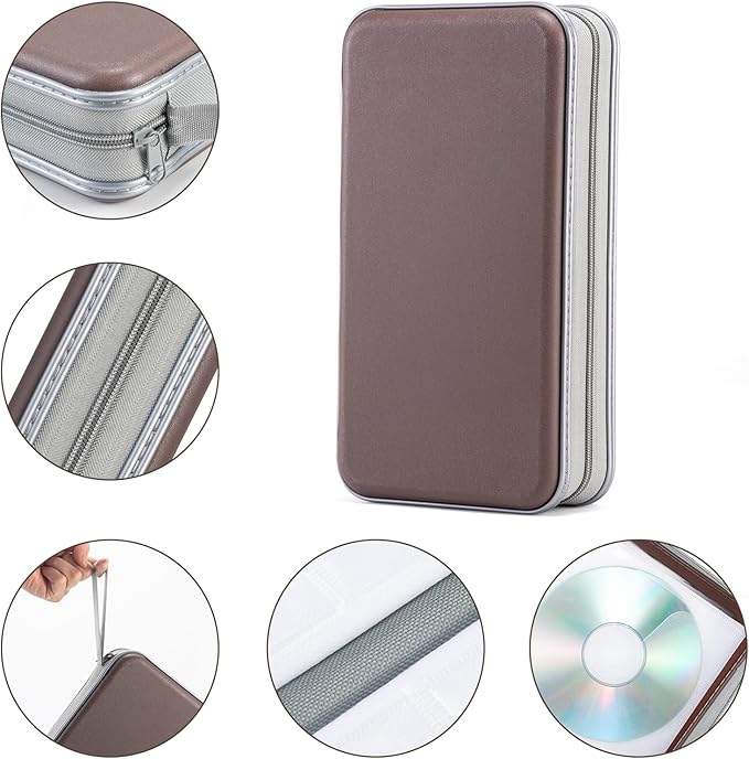 UENTIP 96 Capacity CD Case,Portable DVD Hard Plastic Case Holder CD Organizer Wallet Protective DVD Storage (coffee, 96)