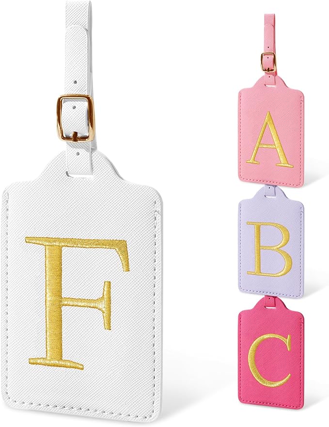Initial Letter Luggage Tags for Suitcases, Embroidered Monogrammed Suitcase Luggage Identifier Name Tag, PU Leather TSA Approved Luggage Tags, Bag Tags for Men Women Kids Luggage Handbags(White F)