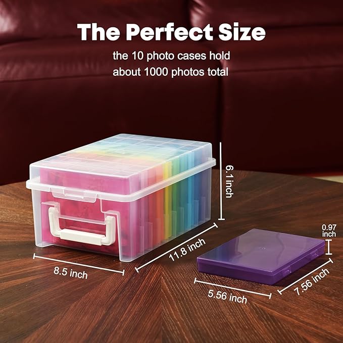 ALINK Photo Storage Box 5 x 7 In Photo Case, 10 Inner Large Photo Keeper, Photo Storage Container, Seed Craft Cards Pictures Organizer, Plastic Office Organizer with Sticker - Colored