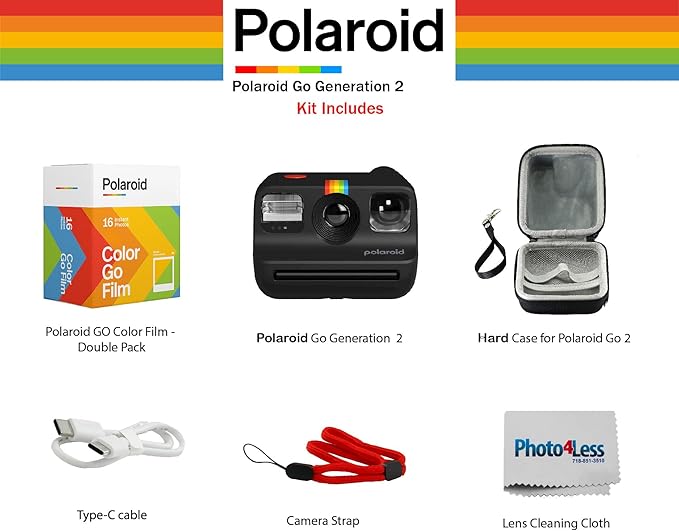 Polaroid Go Generation 2 Instant Film mini Camera (Black) Bundled with Polaroid GO Color Film Double Pack, Hard Carrying Case, Lens Cleaning Cloth