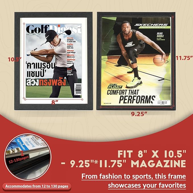JupDec Sports Magazine Frame 2 Pack, Premium Wood Display Case for 8" x 10.5" Magazines, Wall Mount or Tabletop Stand, Layered Design with Positioning Mat, Perfect for Sports, Fashion & Home Decor