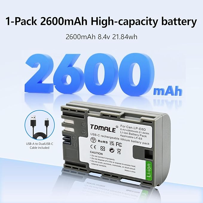 1-Pack 2600mAh Replacement Battery for LP-E6NH LP-E6N LP-E6 with Type-C Direct Charging Port Compatible with Canon EOS R R5 R6 R7 5D 6D 7D Mark II III IV, 90D 80D 70D Camera