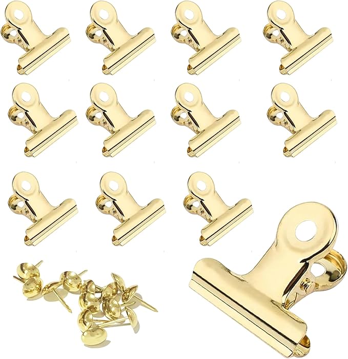 YUCHIYA 12 Pack Bulldog Clips with Push-pins for Corkboard,Metal Clips for Crafts, Metal Binder Clips for Pictures, Spring Paper Clamps for Office Documents (Gold,1.5inch)