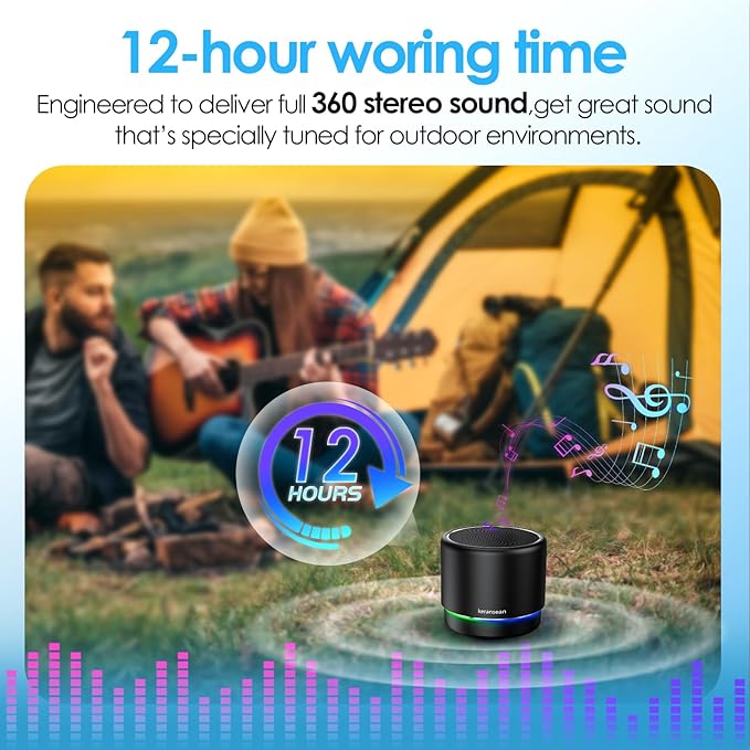 Portable Bluetooth Speaker 5.4, Mini Speaker, 12H Battery Life & Noise Reduction Mic, Metal Cover, TWS Pairing, Wireless Speaker with RGB Lights for Home/Travel/Outdoor by Music Lovers-Black