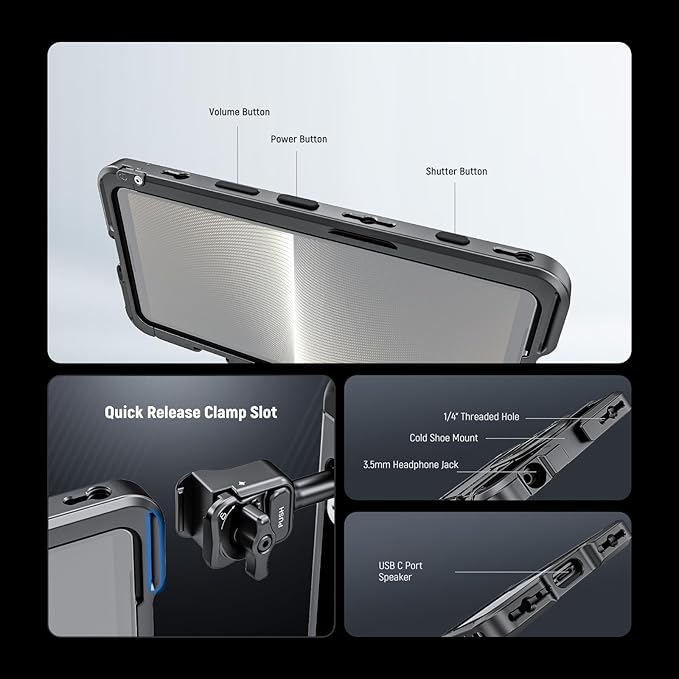NEEWER Xperia PRO-I Cage, Quick Release Video Rig Case Phone Stabilizer Holder for Recording Filming, 67mm Filter Adapter, 17mm Lens Backplate, T Mount Backplate Compatible with Moment Sony, PA086