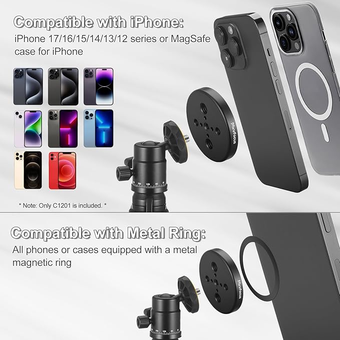 MINIFOCUS Magsafe Tripod Adapter, Magnetic Phone Tripod Mount Adapter with 1/4" Holes, Compatible with MagSafe Sticker for iPhone 17/16/15/14/13/12 Pro/Pro Max/Mini & More Phone