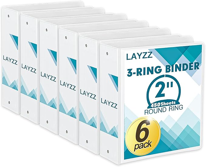 3 Ring Binder, LAYZZ 6 Pack 2 Inch Binders 3 Ring with 2 Pockets, Round Ring Binders, Clear Cover Binders for Letter Size 8.5"x11" Paper, PVC Free, Suitable for School Home and Office (White)