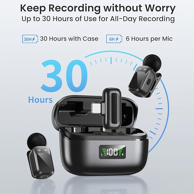 Mini Microphone, Ultra-Light Wireless Microphone for iPhone/Android, 30H Battery Life with Charging Case, 48kHz/24bit, Noise Cancellation for Vlogging, Streaming