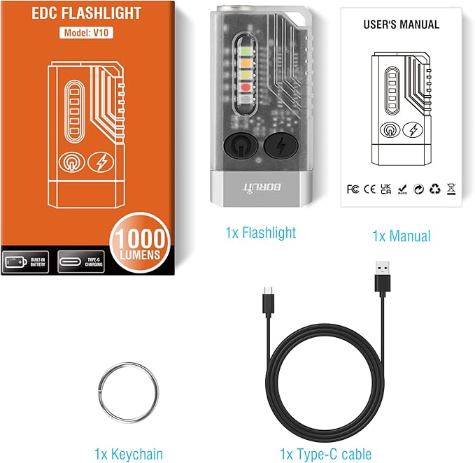 BORUIT V10 LED Small Powerful EDC Flashlight with 365nm UV Red Green Blue Light,Super Bright USB C Rechargeable Powered Mini Pocket Keychain Flash Light-14 Modes,Tail Magnet,Beeping Sound