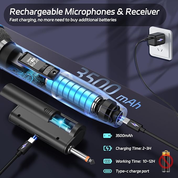 Wireless Microphones, Two UHF Microphones for Karaoke Singing, Rechargeable Dynamic Mic System with Receiver for Church, Party, Meeting, Speech, PA System, Plug and Play