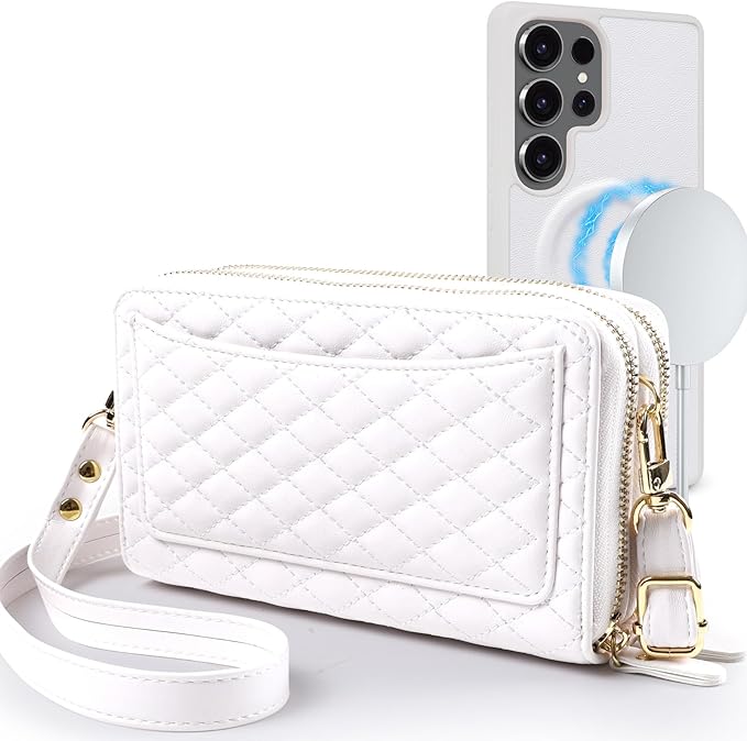 Harryshell Compatible with Samsung Galaxy S25 Ultra Case Wallet Multi Zipper Detachable Removable Cover Purse with Card Slots Holder Mirror Crossbody Strap (Compatible with Magsafe - White)