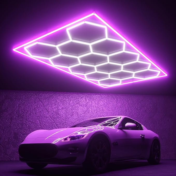Hexagon Garage Lights, 14 Grids Hexagon LED Lights with Rectangle Frame, 603W 6500K Super Bright Honeycomb Light for Warehouse, Car Detailing Shop, Exhibition Hall, Gym(Purple)