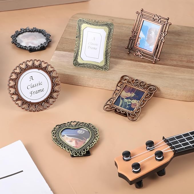 6 Pack Mini Vintage Picture Frame Tiny Metal DIY Photo Frames Wallet Size Picture Frames Tiny Metal Pictures Frame Irregular Size for Tabletop and Wall Display
