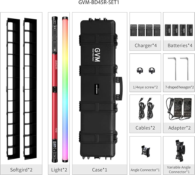 GVM RGB Tube Light with Softbox, 2 Packs 45W Handheld Wand Light, 48" Full Color LED Tube Light, 2700-10000K Stick Light with APP/DMX Control, 12 Scene Effects, MESH Networking Control Led Video Light