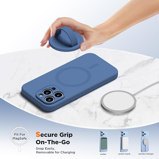 Upgraded Magnetic Phone Grip, Liquid Silicone Soft and Portable, Removable Finger Loop Ring Grip Holder for iPhone, Strong Magnetic Attraction, Compatible with MagSafe Phone Case, Azure Blue
