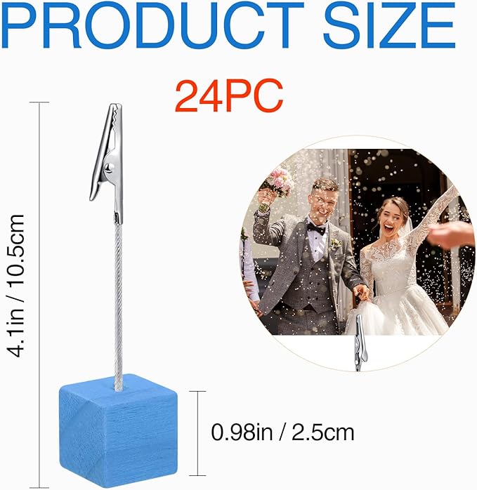 24 Pcs Cube Base Memo Clip Holder with Alligator Clip Table Numbers Place Card Holders Memo Photo Picture Paper Note Clip for Wedding Party or Meeting Displaying (Blue)