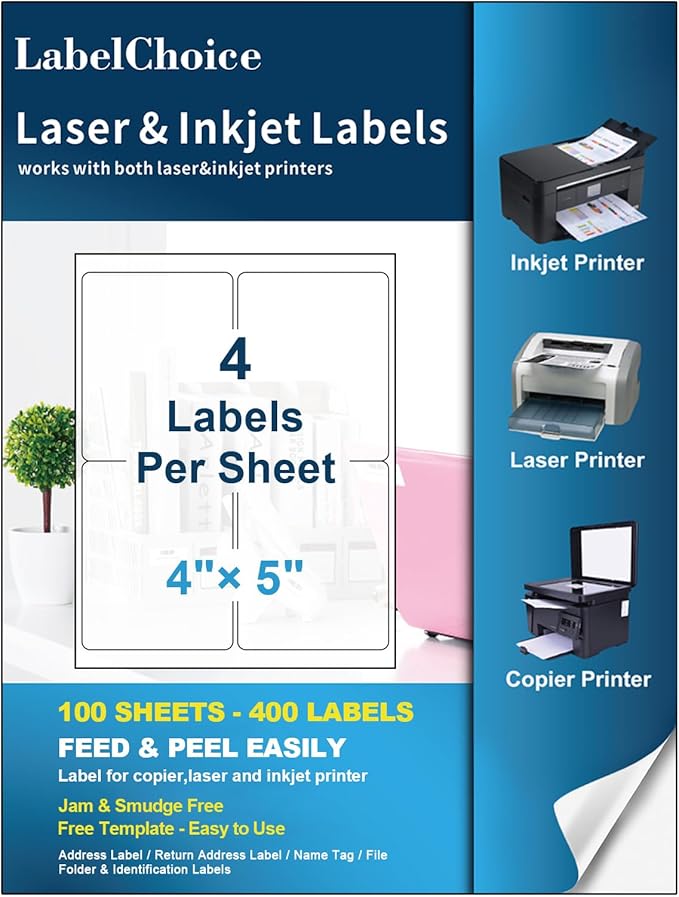 100 Sheets 400 Pcs 4"x5" 4 Up Shipping Address Labels for Laser & Inkjet Printers, Permanent Adhesive 4 per Page Shipping Labels, 4 to a Page Labels, 4 Stickers per Sheet