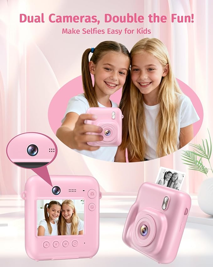 Instant Camera, Dual-Lens Kids Camera Instant Print for Boys Girls Christmas Birthday Gifts, 1080P Digital Cameras for Kids Teens with Print Paper, 32GB Card, Toddle Toy for Age 4-12 Years(Pink)