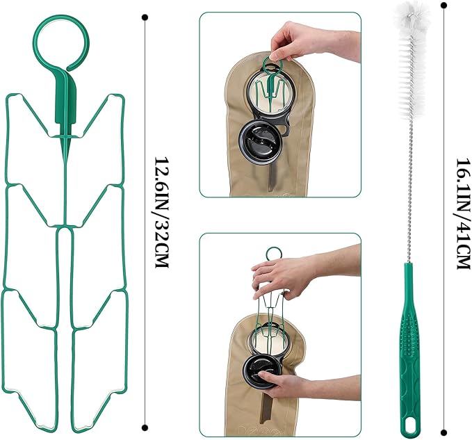 Feekoon Reservoirs Backpack Accessories Hydration Bladder Cleaning Kit with Flexible Long Brush for Hose, Small Bite Valve and Big Brush, Drying Collapsible Bladder Frame, Carrying Pouch