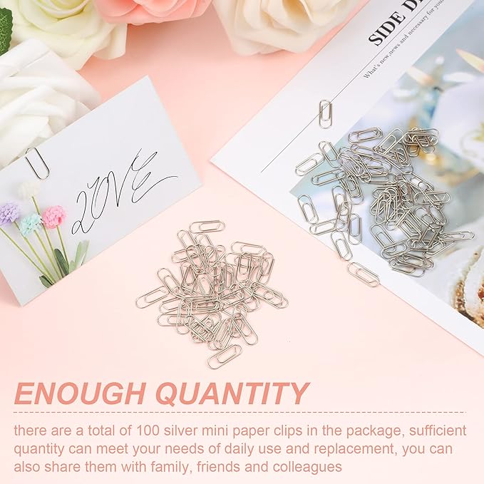 100 Pieces Metal Mini Paper Clips 0.59inches (15mm) Finish Steel Tiny Journaling Decorative Small Paper Clips Clamps Office Paperclip for Document Sorting and Organizing