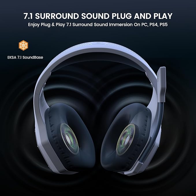 EKSA E1000WT Wireless Gaming Headset,2.4GHz USB Gaming Headphones with Microphone for PC, PS5, PS4, Nintendo Switch, 7.1 Surround Sound Headset, RGB Light, Ergonomic Design for Birthday Gift