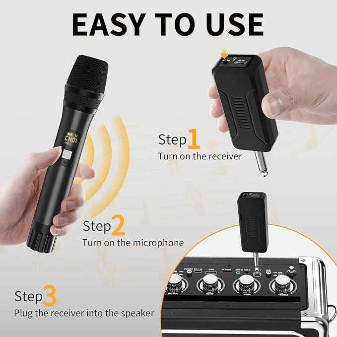Wireless Microphones, Professional UHF Metal Dual Handheld Cordless Dynamic Mic System with Rechargeable Receiver, 1/4" Output, 160ft Range, Auto Connect for Karaoke, Party Singing, Church, Speech, DJ