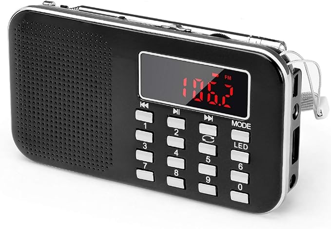 PRUNUS Mini Portable Radio AM FM Pocket Radio with MP3, LED Flashlight, Digital Radios Speaker Support Micro SD/TF Card/USB, Auto Scan Save, 1200mAh Rechargeable Battery Operated[Latest Version]